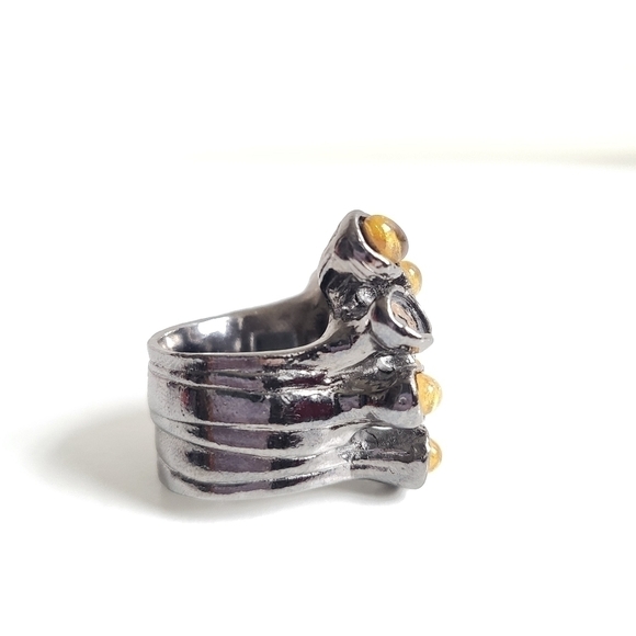 Yves Saint Laurent Gunmetal Arty Yellow Stone Dots Ring Rare & Authentic Size 7 - Picture 8 of 11